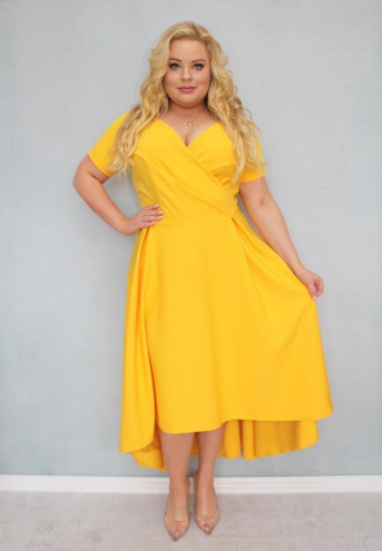 Sukienka Alessia asymetryczna rozkloszowana kopertowy dekolt ozdoba plecy żółty