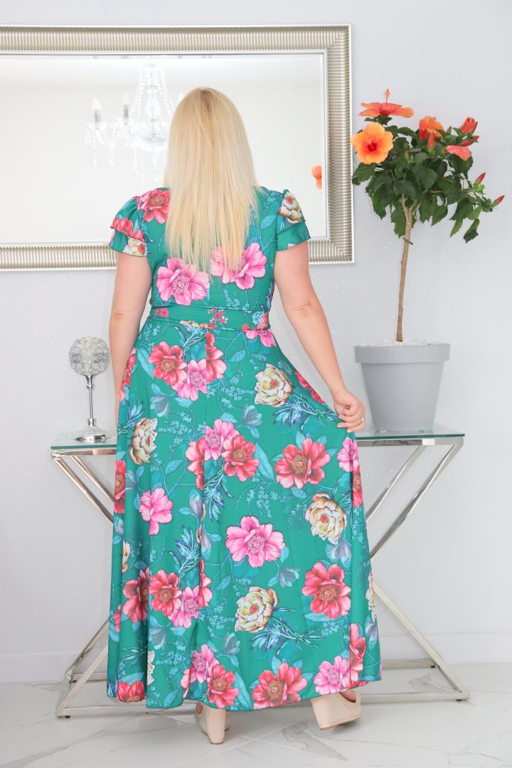 Sukienka Flores  rozkloszowana zwiewna tkanina silk kopertowy dekolt duże kwiaty na zielonym tle PROMOCJA - obrazek 7