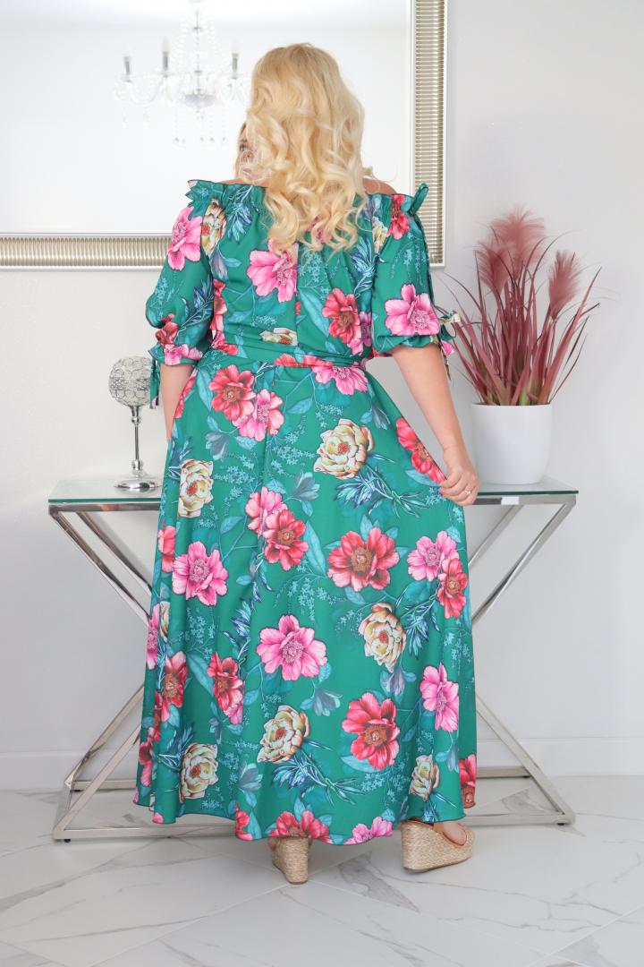 Sukienka Hawai  rozkloszowana zwiewna tkanina silk HISZPANKA duże kwiaty na zielonym tle PROMOCJA - obrazek 6