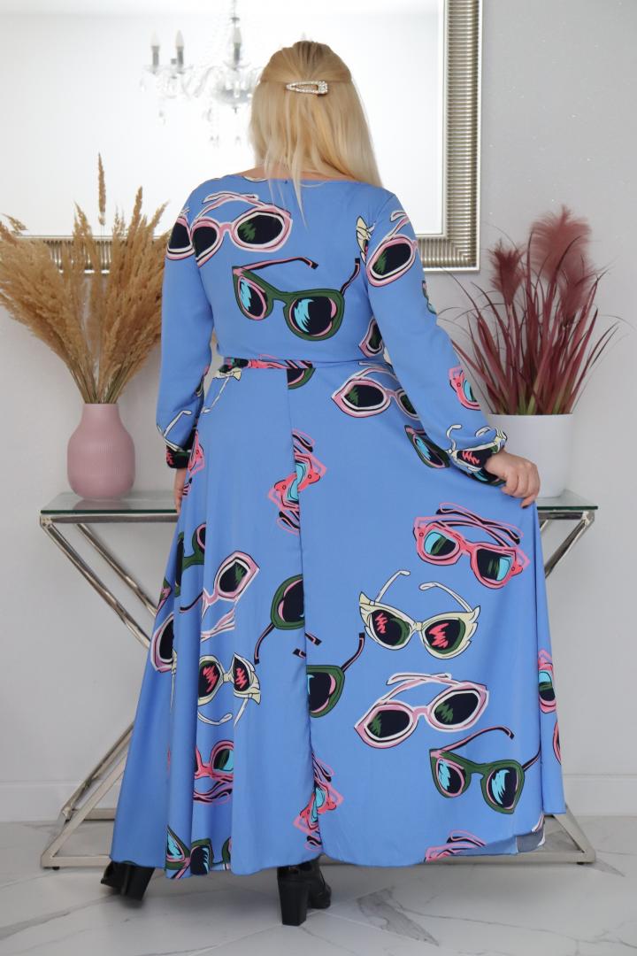 Sukienka Idalia rozkloszowana zwiewna tkanina silk kopertowy dekolt błękitne okulary - obrazek 5