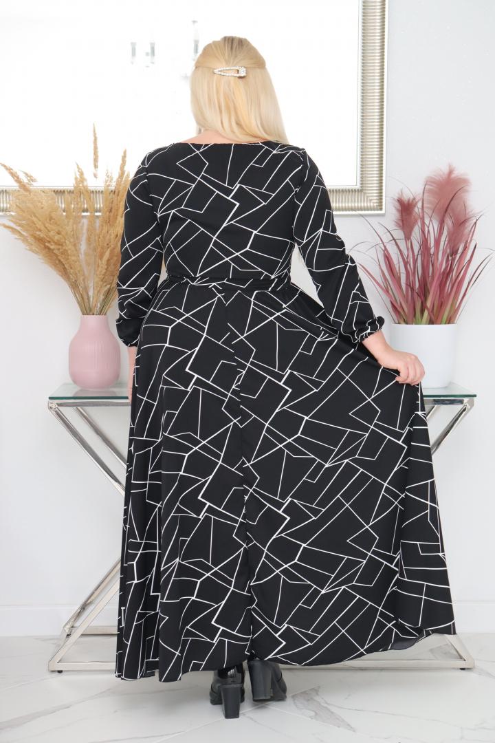 Sukienka Idalia rozkloszowana zwiewna tkanina silk kopertowy dekolt czarna mozaika WYPRZEDAŻ - obrazek 4