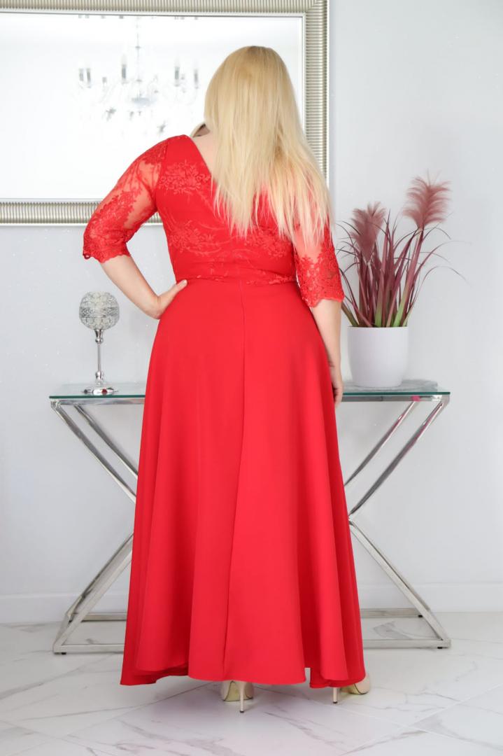 Sukienka Claudia maxi wieczorowa rozkloszowana ekskluzywna dekolt serek koronka czerwona WYPRZEDAŻ - obrazek 5