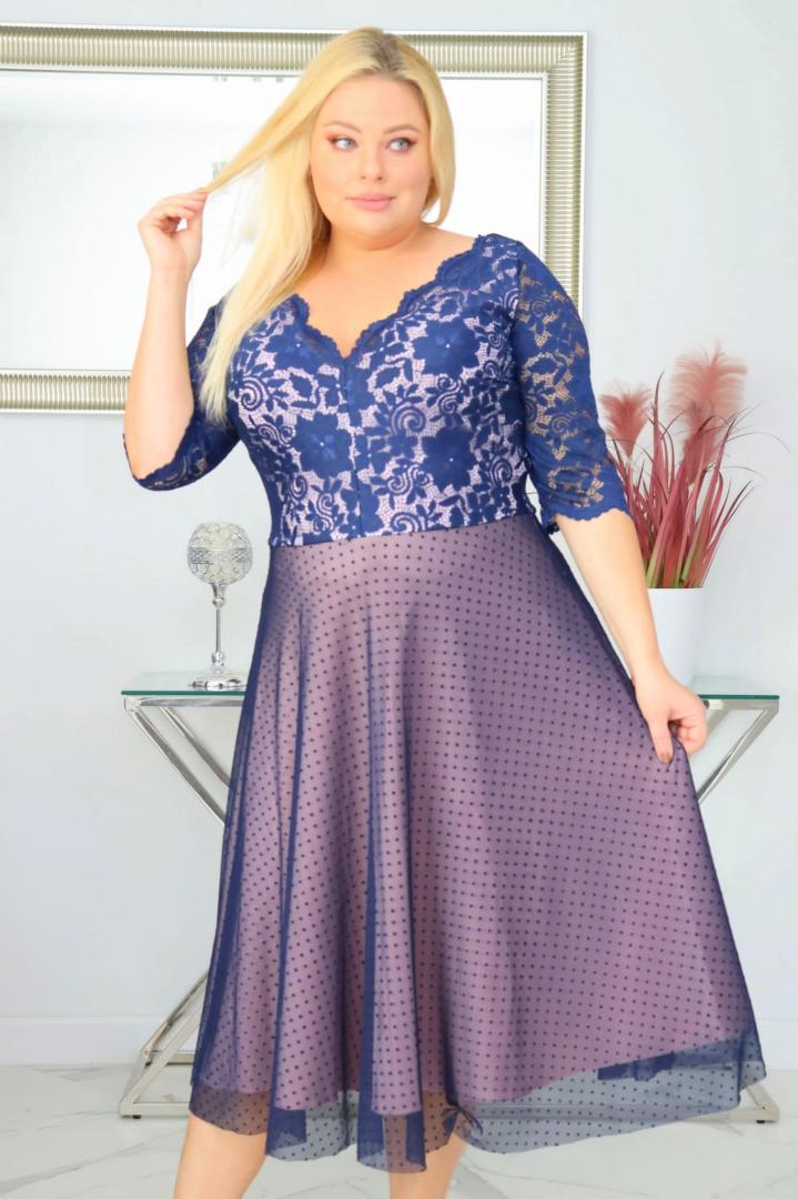Sukienka Pisla rozkloszowana elastyczna koronka koło z tiulu granatowa z pudrowym różem