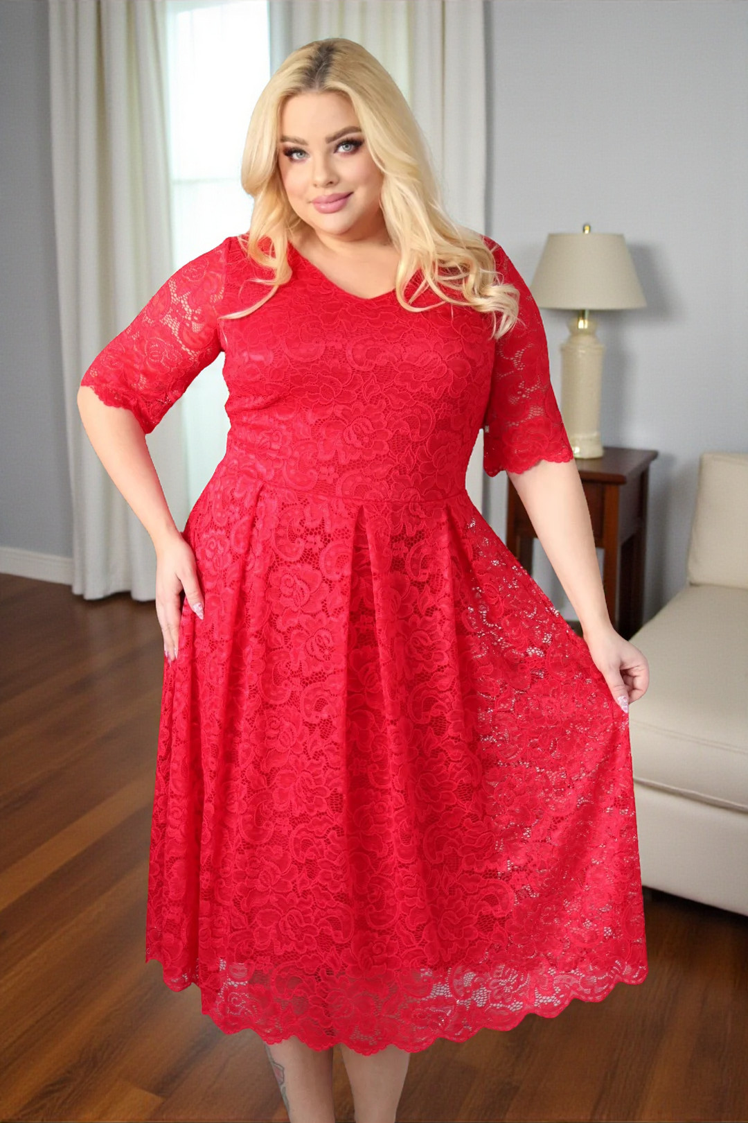 Sukienka Vivienne koronkowa rozkloszowana czerwona koronka kwiaty - obrazek 5