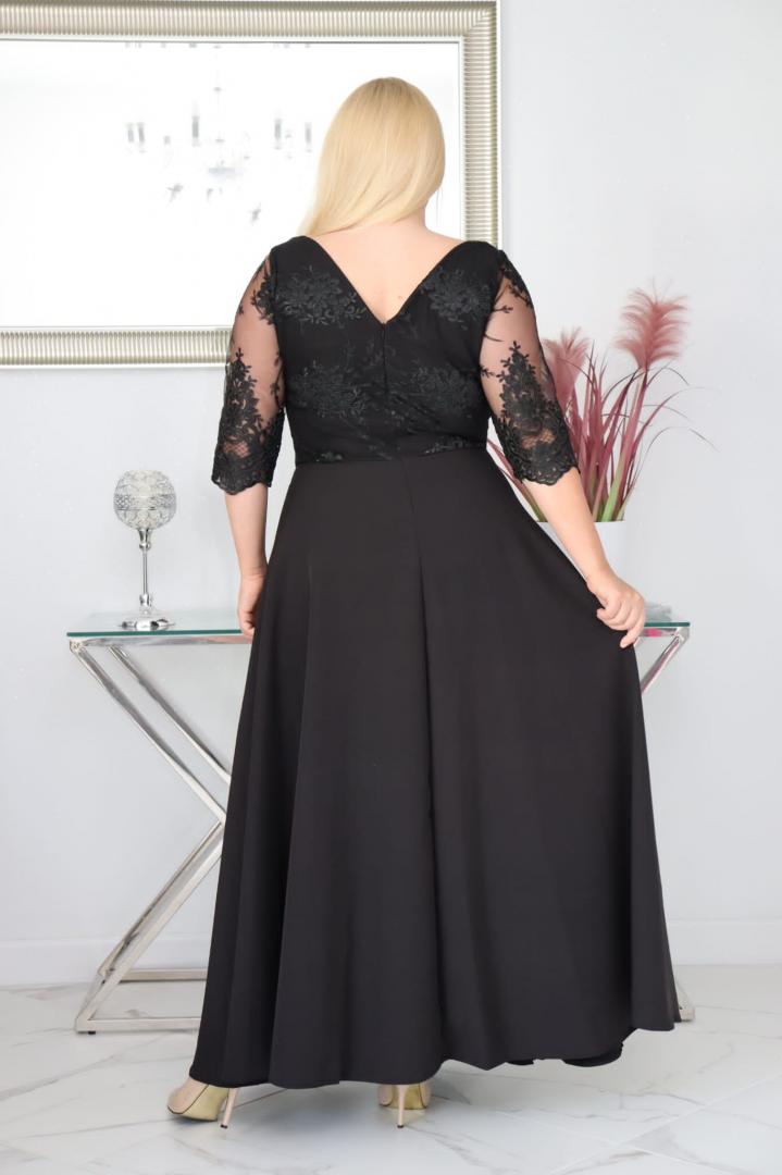 Sukienka Claudia maxi wieczorowa rozkloszowana ekskluzywna dekolt serek koronka czarna WYPRZEDAŻ - obrazek 5