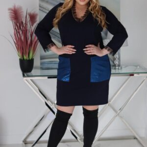 Sukienka Dentelle bombka z koronkowymi dodatkami granatowa - obrazek 3