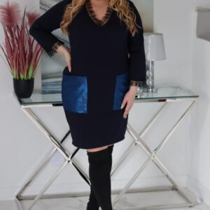 Sukienka Dentelle bombka z koronkowymi dodatkami granatowa - obrazek 4