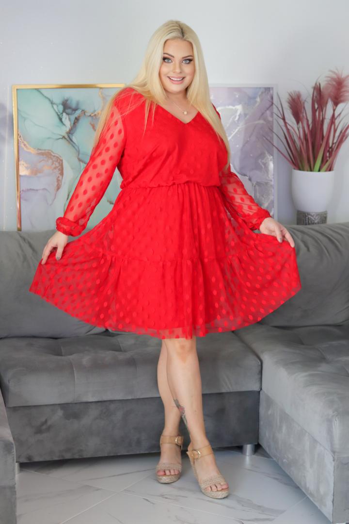 Sukienka Dolores rozkloszowana grochy tiul czerwona WYPRZEDAZ - obrazek 4