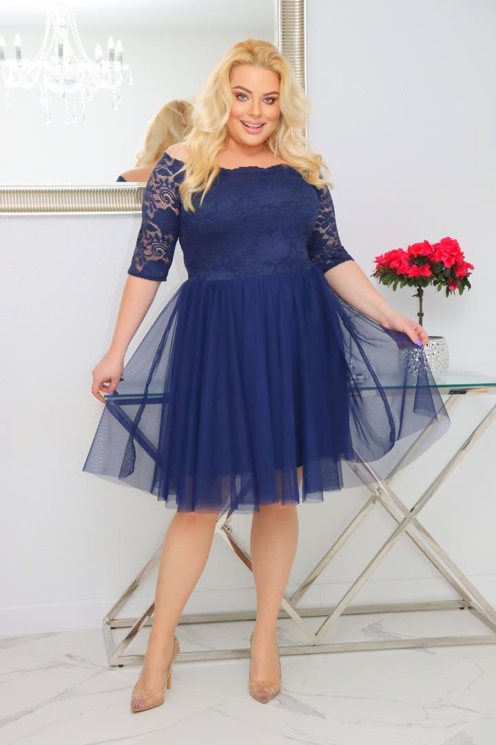 Sukienka Femm rozkloszowana koronkowa góra i tiulowy dół granat - obrazek 3