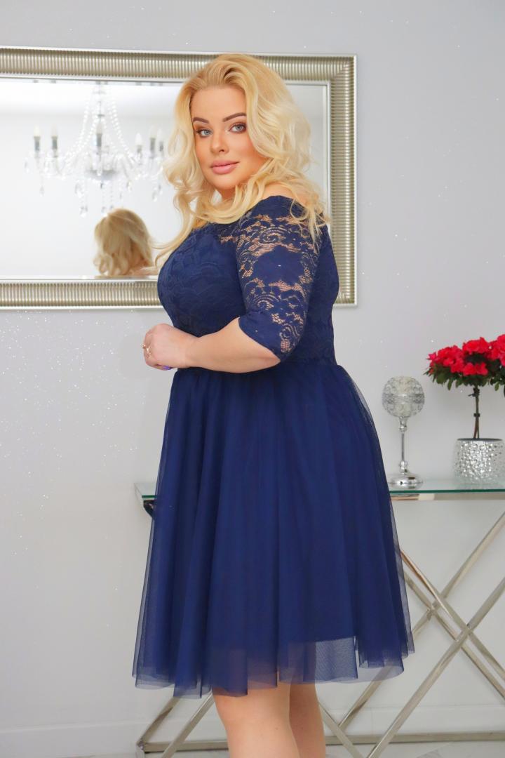 Sukienka Femm rozkloszowana koronkowa góra i tiulowy dół granat - obrazek 4