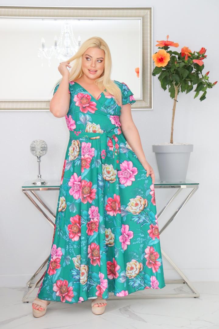 Sukienka Flores  rozkloszowana zwiewna tkanina silk kopertowy dekolt duże kwiaty na zielonym tle PROMOCJA - obrazek 6