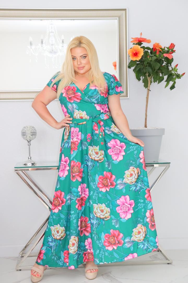 Sukienka Flores  rozkloszowana zwiewna tkanina silk kopertowy dekolt duże kwiaty na zielonym tle PROMOCJA