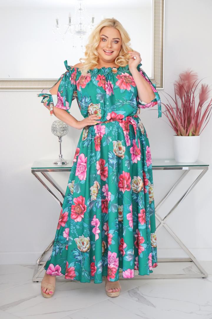 Sukienka Hawai  rozkloszowana zwiewna tkanina silk HISZPANKA duże kwiaty na zielonym tle PROMOCJA
