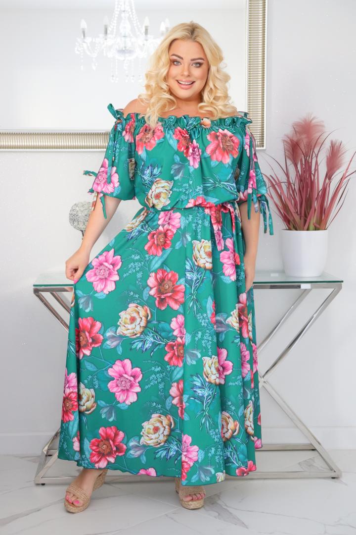 Sukienka Hawai  rozkloszowana zwiewna tkanina silk HISZPANKA duże kwiaty na zielonym tle PROMOCJA - obrazek 3