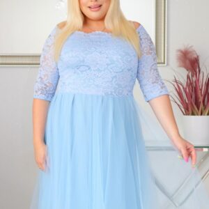 Sukienka Femm rozkloszowana koronkowa góra i tiulowy dół błękit