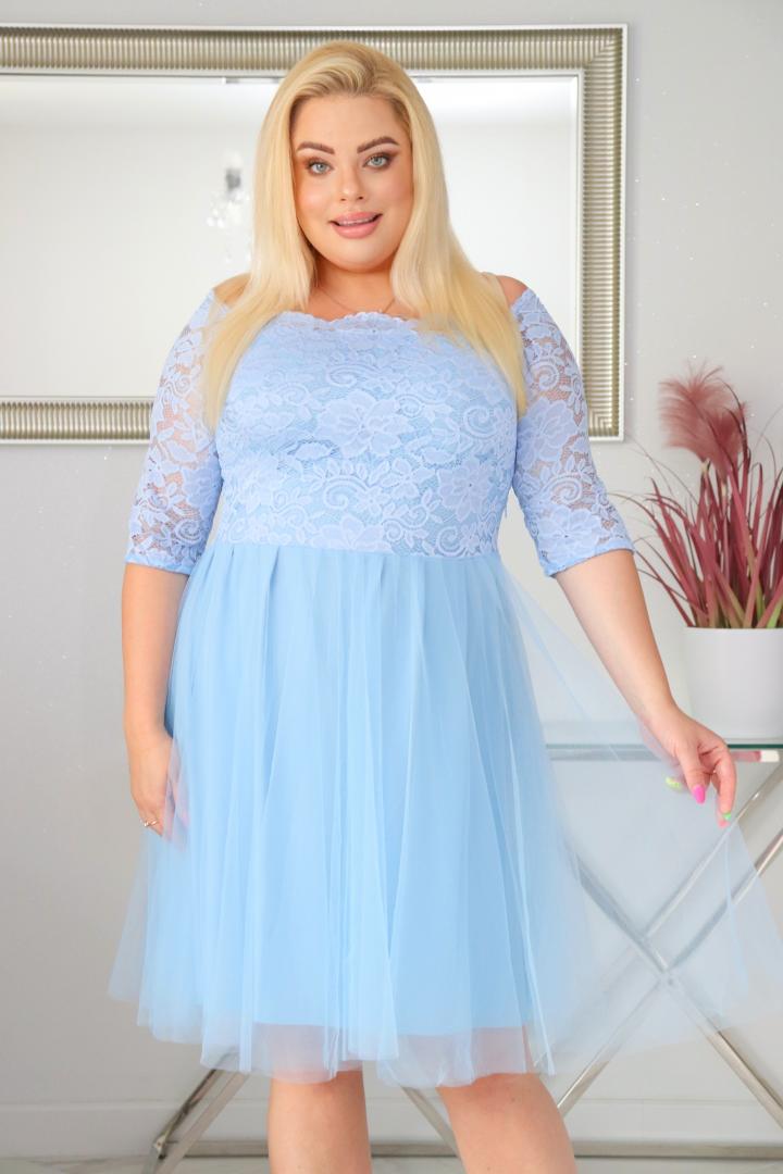 Sukienka Femm rozkloszowana koronkowa góra i tiulowy dół błękit