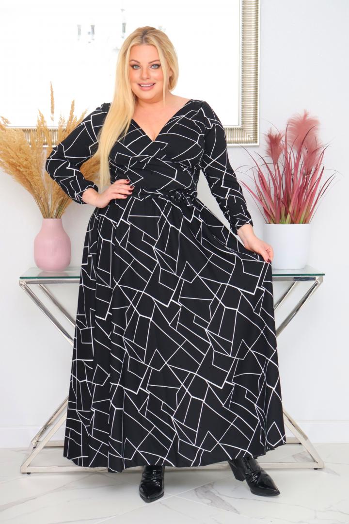 Sukienka Idalia rozkloszowana zwiewna tkanina silk kopertowy dekolt czarna mozaika WYPRZEDAŻ - obrazek 3