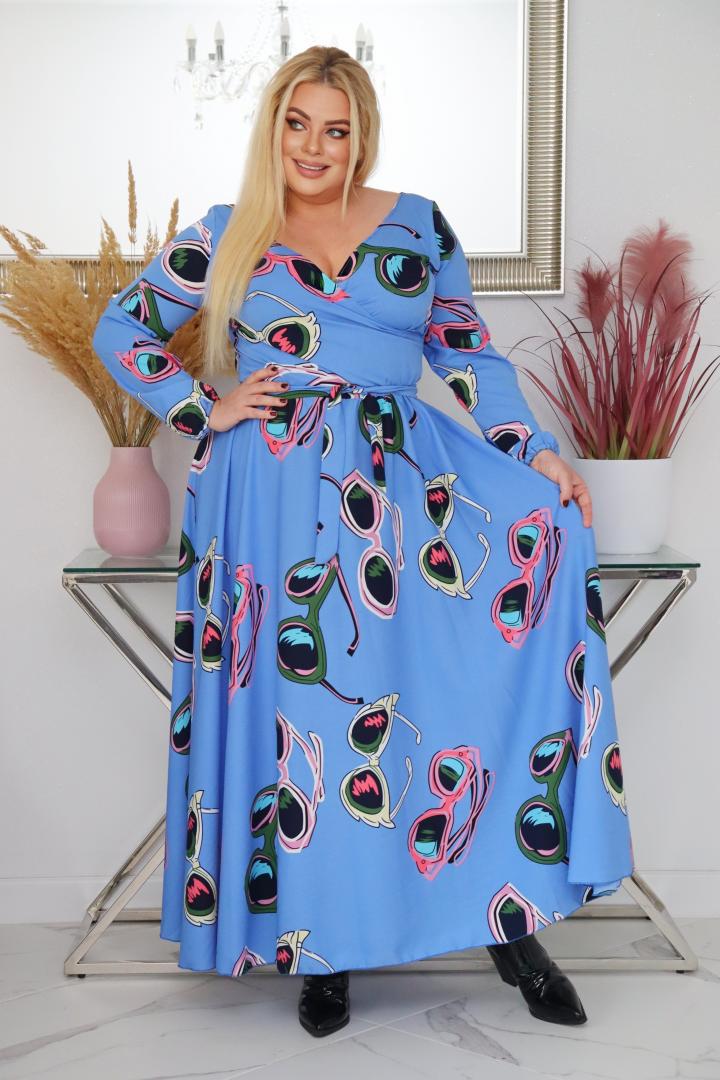 Sukienka Idalia rozkloszowana zwiewna tkanina silk kopertowy dekolt błękitne okulary - obrazek 3