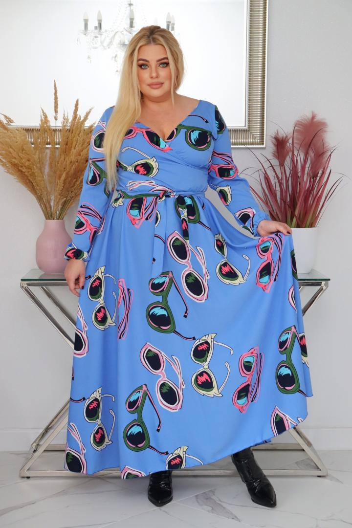 Sukienka Idalia rozkloszowana zwiewna tkanina silk kopertowy dekolt błękitne okulary - obrazek 4