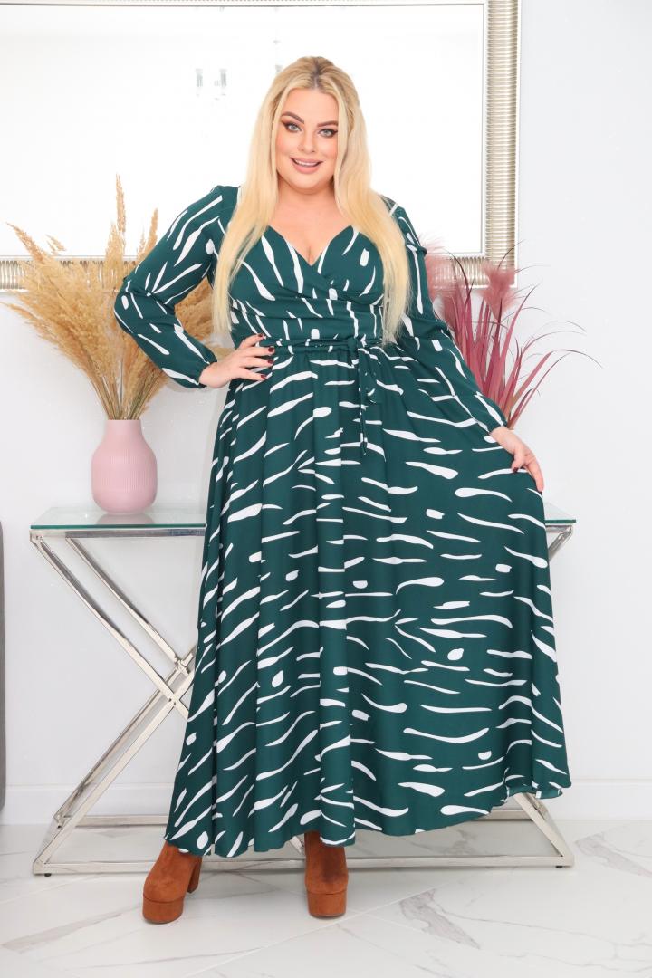 Sukienka Idalia rozkloszowana zwiewna tkanina silk kopertowy dekolt wzór z butelkową zielenią - obrazek 5