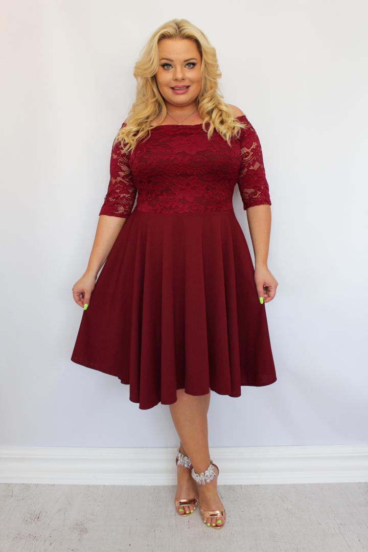 Sukienka Carmen rozkloszowana koronkowa bordo gładka - obrazek 3