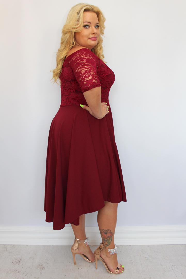 Sukienka Carmen rozkloszowana koronkowa bordo gładka - obrazek 4