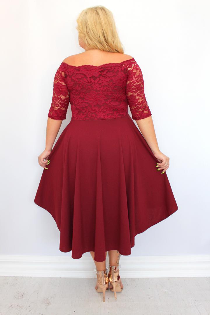 Sukienka Carmen rozkloszowana koronkowa bordo gładka - obrazek 6
