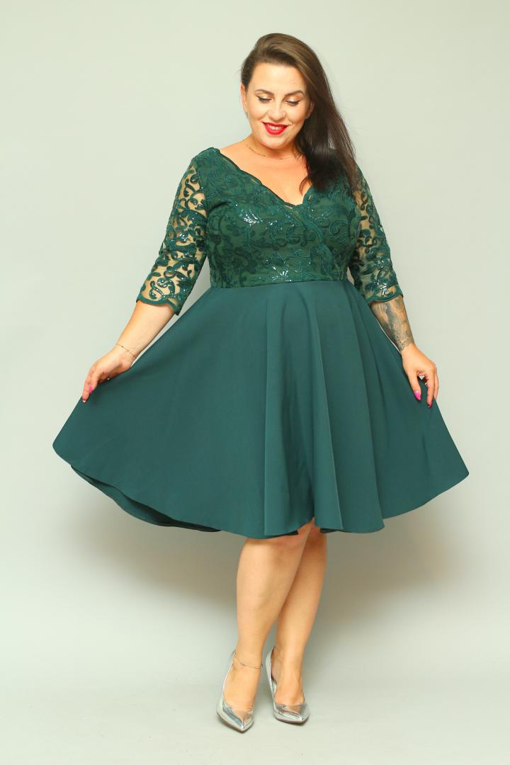 Sukienka Paloma rozkloszowana z kopertowym dekoltem EKSKLUZYWNA butelkowa zieleń cekiny listki PROMOCJA ostatnia sztuka 36