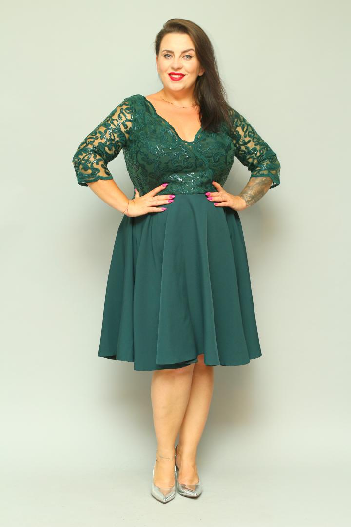 Sukienka Paloma rozkloszowana z kopertowym dekoltem EKSKLUZYWNA butelkowa zieleń cekiny listki PROMOCJA ostatnia sztuka 36 - obrazek 3
