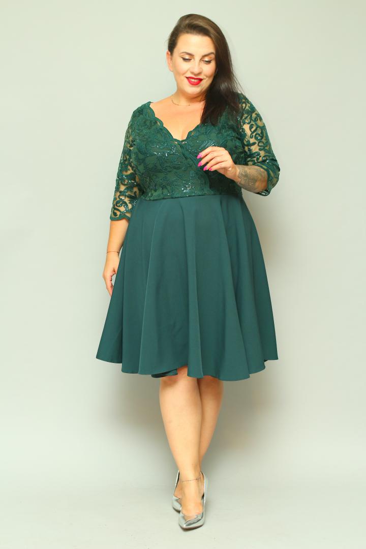 Sukienka Paloma rozkloszowana z kopertowym dekoltem EKSKLUZYWNA butelkowa zieleń cekiny listki PROMOCJA ostatnia sztuka 36 - obrazek 4