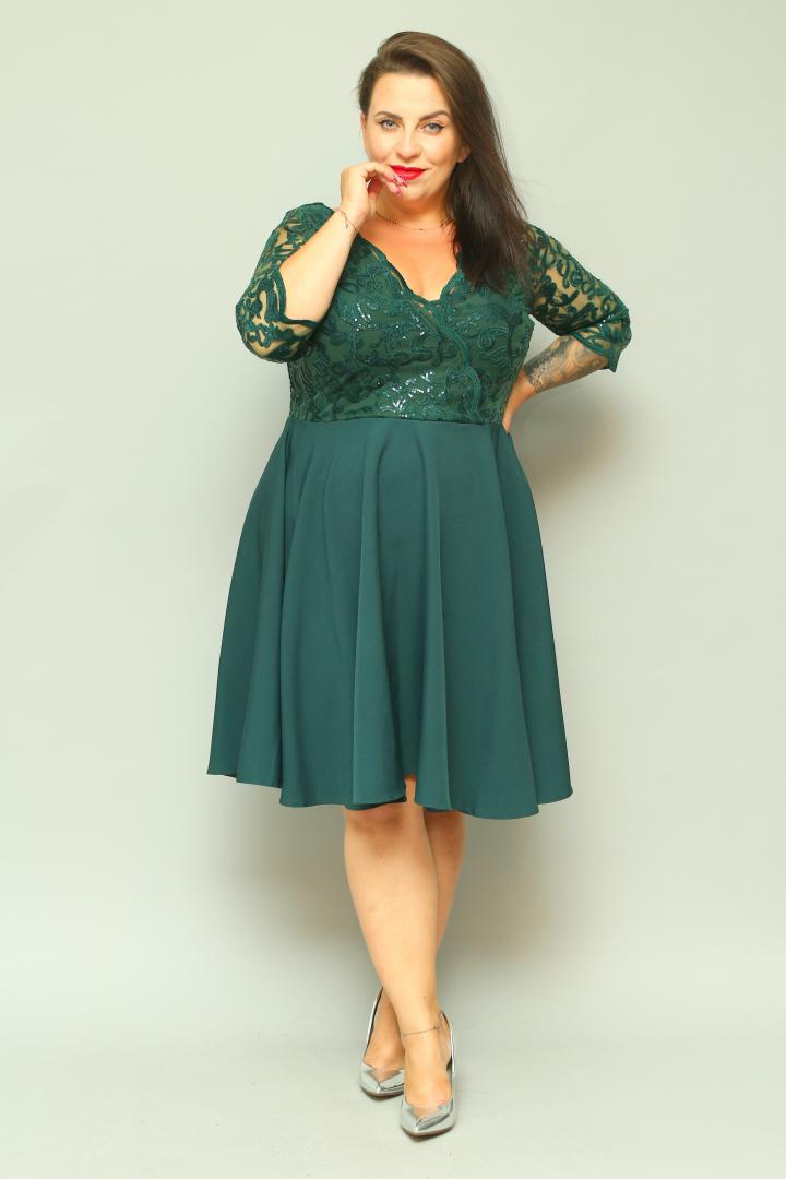 Sukienka Paloma rozkloszowana z kopertowym dekoltem EKSKLUZYWNA butelkowa zieleń cekiny listki PROMOCJA ostatnia sztuka 36 - obrazek 5