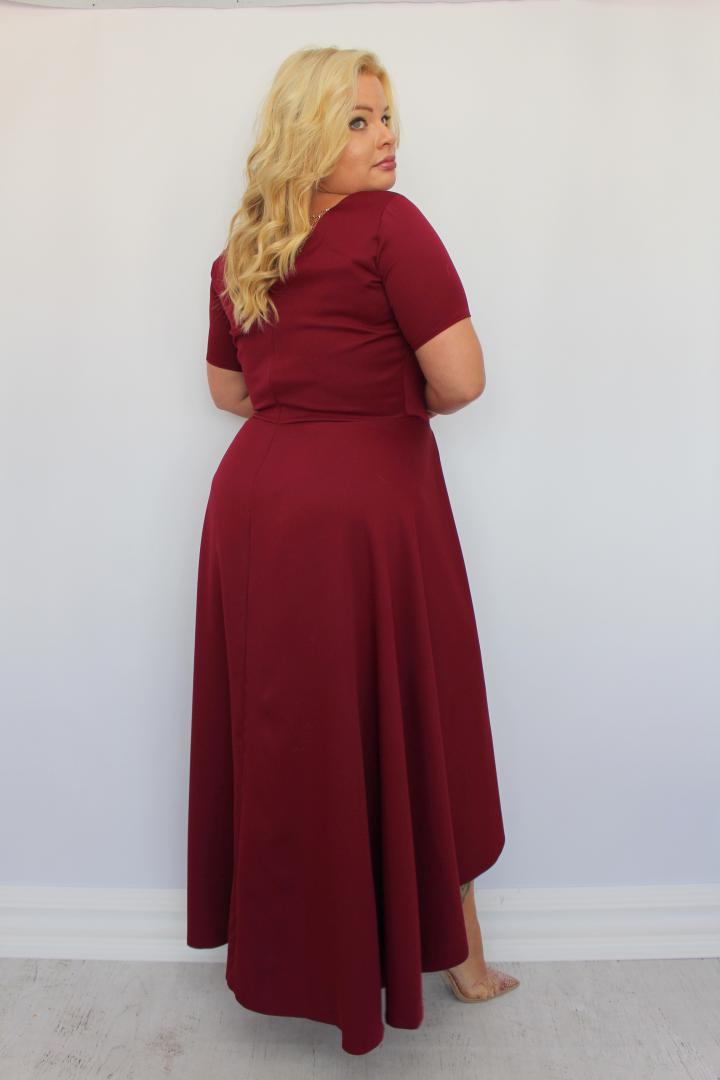 Sukienka Alessia asymetryczna rozkloszowana kopertowy dekolt ozdoba plecy bordo WYPRZEDAŻ - obrazek 4