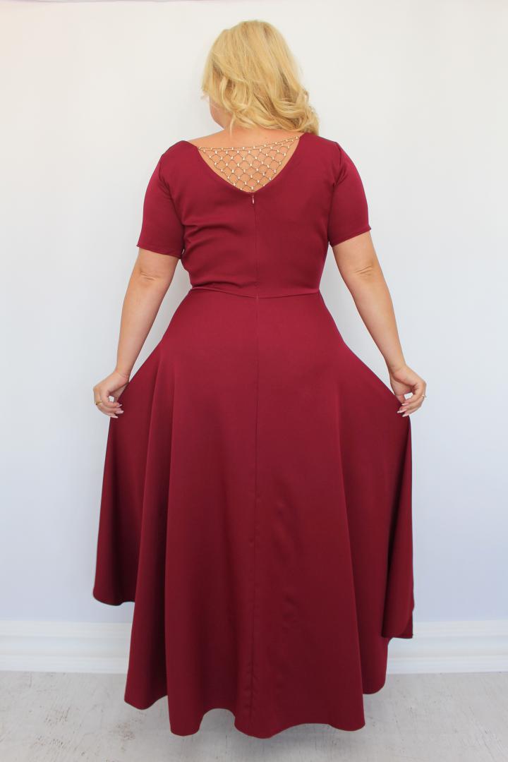 Sukienka Alessia asymetryczna rozkloszowana kopertowy dekolt ozdoba plecy bordo WYPRZEDAŻ - obrazek 5