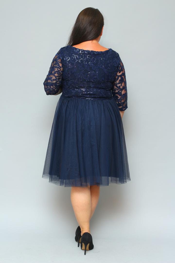 Sukienka Felima rozkloszowana z tiulu z kopertowym dekoltem EKSKLUZYWNA granat cekiny listki WYPRZEDAŻ - obrazek 6