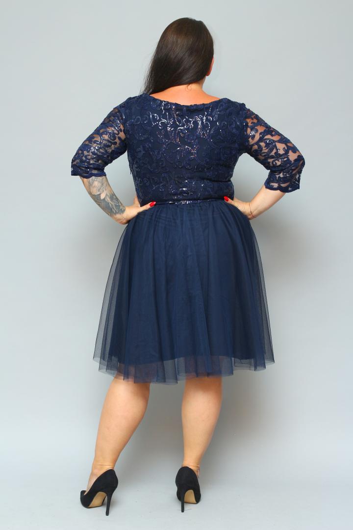 Sukienka Felima rozkloszowana z tiulu z kopertowym dekoltem EKSKLUZYWNA granat cekiny listki WYPRZEDAŻ - obrazek 7