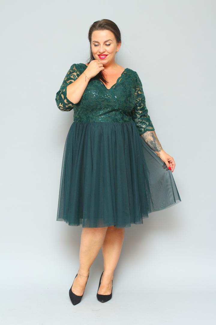 Sukienka Felima rozkloszowana z tiulu z kopertowym dekoltem EKSKLUZYWNA butelkowa zieleń cekiny listki WYPRZEDAŻ - obrazek 4