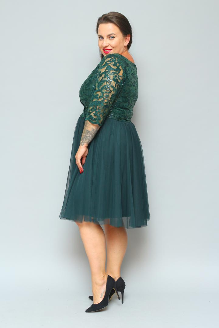 Sukienka Felima rozkloszowana z tiulu z kopertowym dekoltem EKSKLUZYWNA butelkowa zieleń cekiny listki WYPRZEDAŻ - obrazek 5