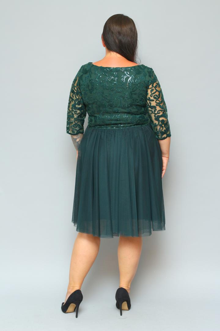 Sukienka Felima rozkloszowana z tiulu z kopertowym dekoltem EKSKLUZYWNA butelkowa zieleń cekiny listki WYPRZEDAŻ - obrazek 6