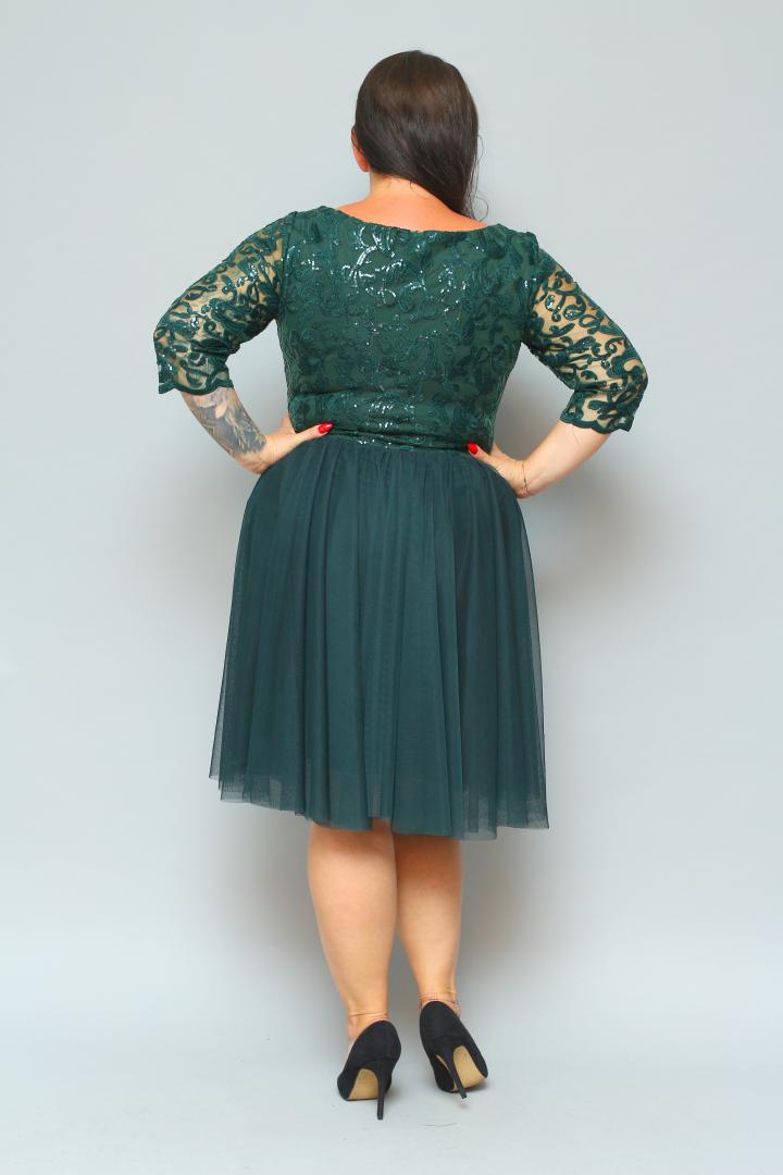 Sukienka Felima rozkloszowana z tiulu z kopertowym dekoltem EKSKLUZYWNA butelkowa zieleń cekiny listki WYPRZEDAŻ - obrazek 7