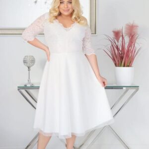 Sukienka Ariana rozkloszowana elastyczna koronka koło z tiulu biała