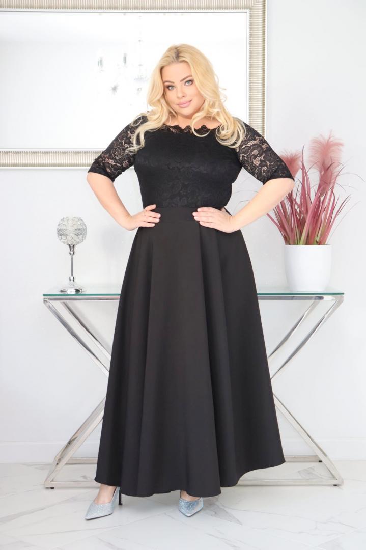 Sukienka Tamara maxi wieczorowa rozkloszowana ekskluzywna hiszpanka koronka gładka czarna