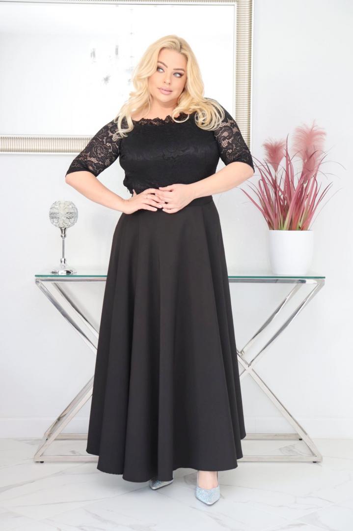 Sukienka Tamara maxi wieczorowa rozkloszowana ekskluzywna hiszpanka koronka gładka czarna - obrazek 3