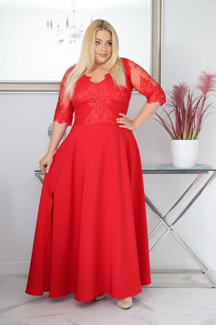 Sukienka Claudia maxi wieczorowa rozkloszowana ekskluzywna dekolt serek koronka czerwona WYPRZEDAŻ