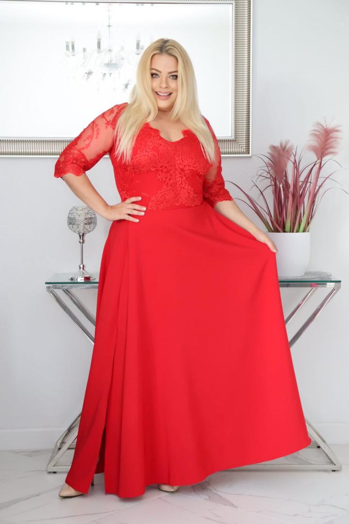 Sukienka Claudia maxi wieczorowa rozkloszowana ekskluzywna dekolt serek koronka czerwona WYPRZEDAŻ - obrazek 3