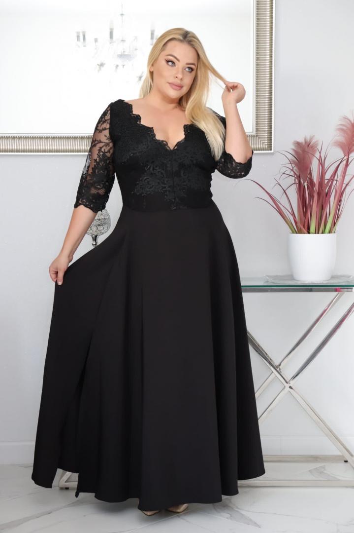 Sukienka Claudia maxi wieczorowa rozkloszowana ekskluzywna dekolt serek koronka czarna WYPRZEDAŻ - obrazek 3