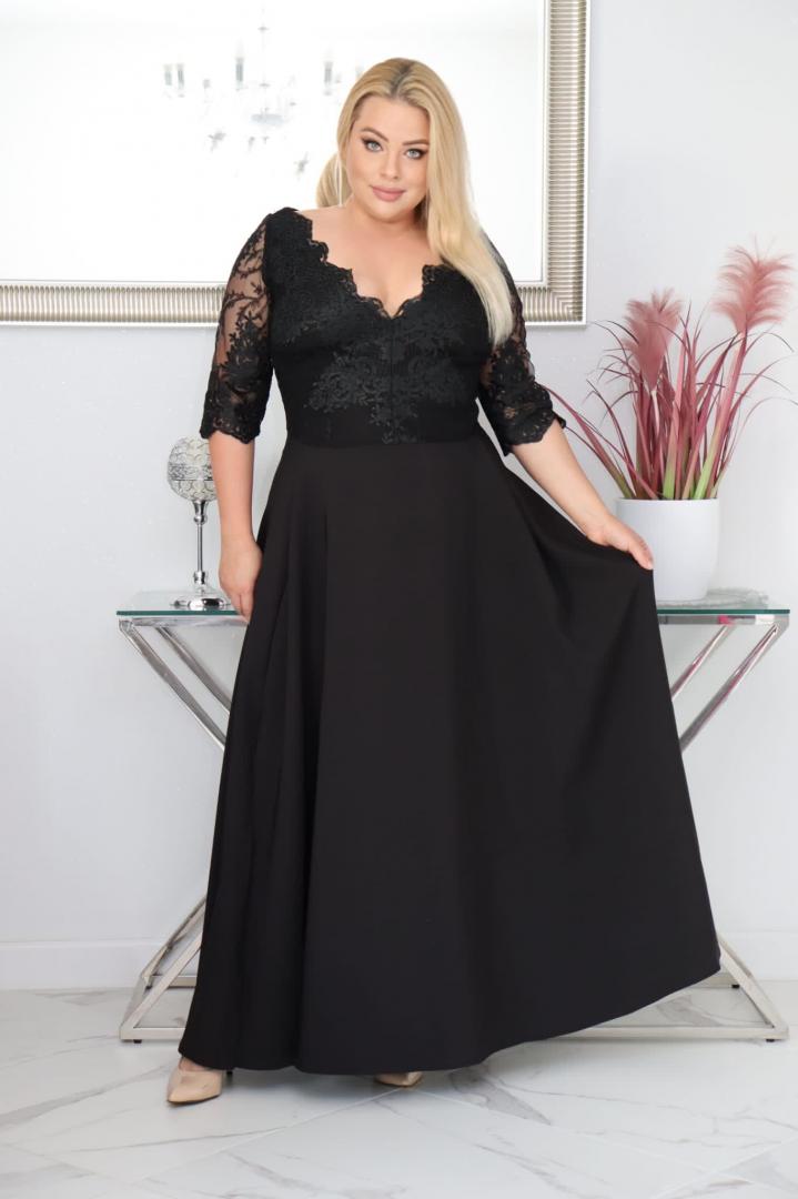 Sukienka Claudia maxi wieczorowa rozkloszowana ekskluzywna dekolt serek koronka czarna WYPRZEDAŻ