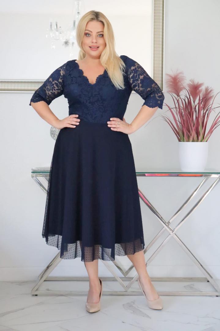 Sukienka Pisla rozkloszowana elastyczna koronka koło z tiulu granatowa