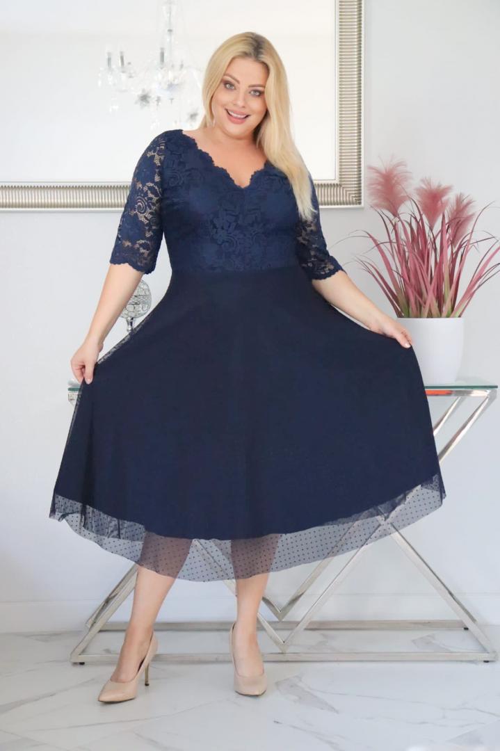 Sukienka Pisla rozkloszowana elastyczna koronka koło z tiulu granatowa - obrazek 3