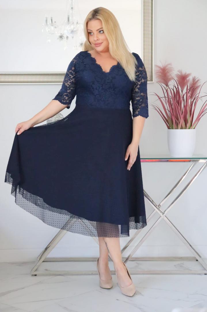 Sukienka Pisla rozkloszowana elastyczna koronka koło z tiulu granatowa - obrazek 4