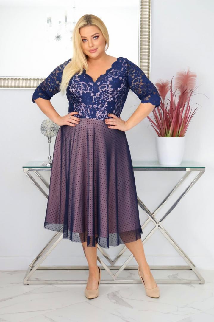 Sukienka Pisla rozkloszowana elastyczna koronka koło z tiulu granatowa z pudrowym różem - obrazek 2